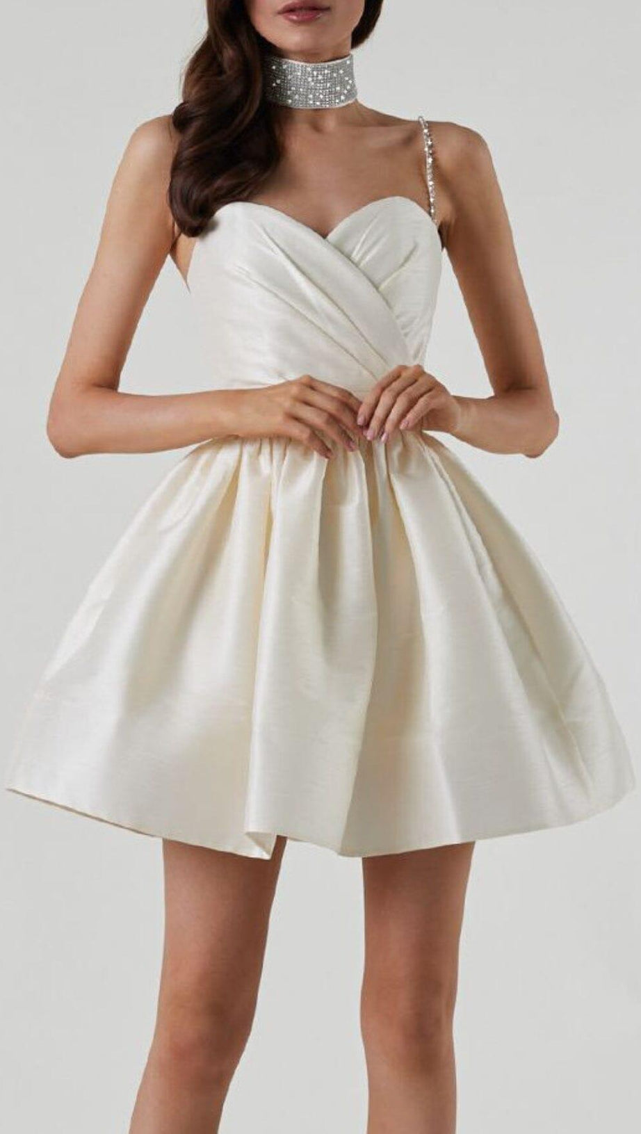 RHINESTONE SUSPENDER PLEATED DRESS IN BEIGE