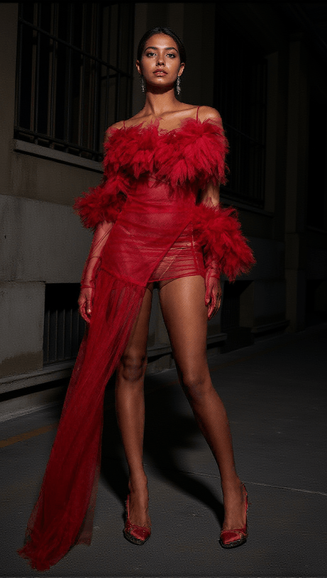 ABITO LUNGO IN TULLE SPAGHETTI DI RASO CON GUANTI