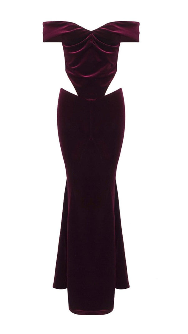 AIIZIE OFF SHOULDER WAIST HOLLOW VELVET MAXI DRESS IN BURGUNDY - product image