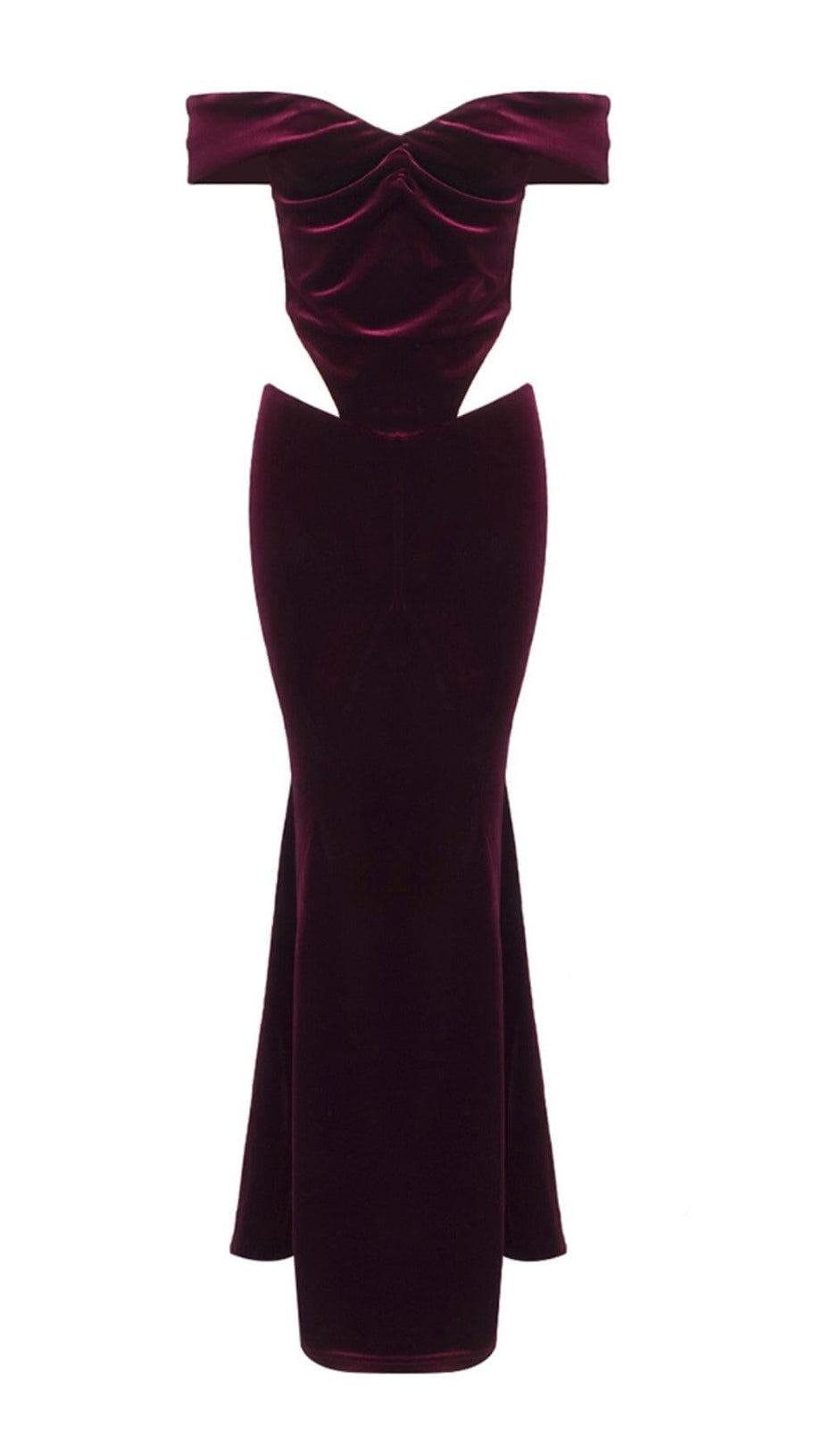OFF SHOULDER WAIST HOLLOW VELVET MAXI DRESS IN BURGUNDY