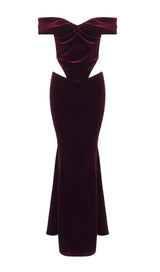 OFF SHOULDER WAIST HOLLOW VELVET MAXI DRESS IN BURGUNDY