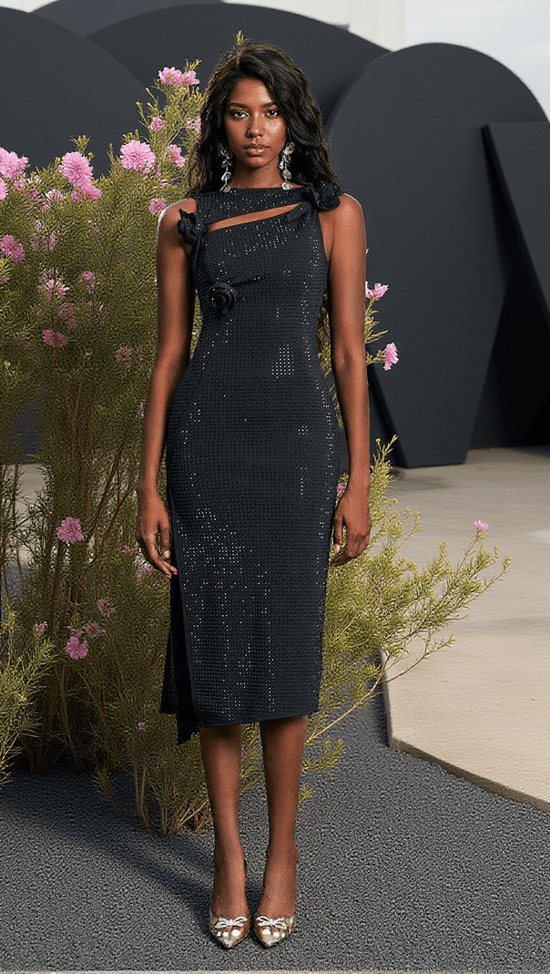 AIIZIE HECATE FLOWER EMBELLISHED BANDAGE MIDI DRESS IN BLACK - product image