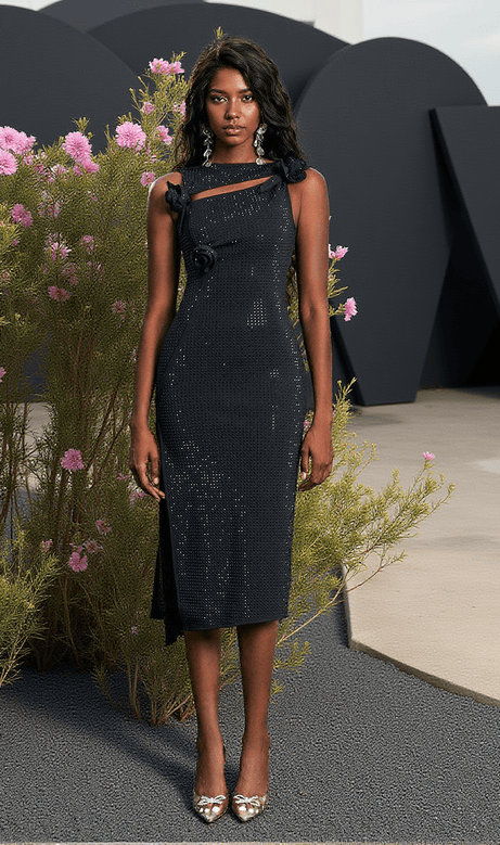 Hecate Flower Embellished Bandage Midi Dress In Black