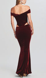 OFF SHOULDER WAIST HOLLOW VELVET MAXI DRESS IN BURGUNDY