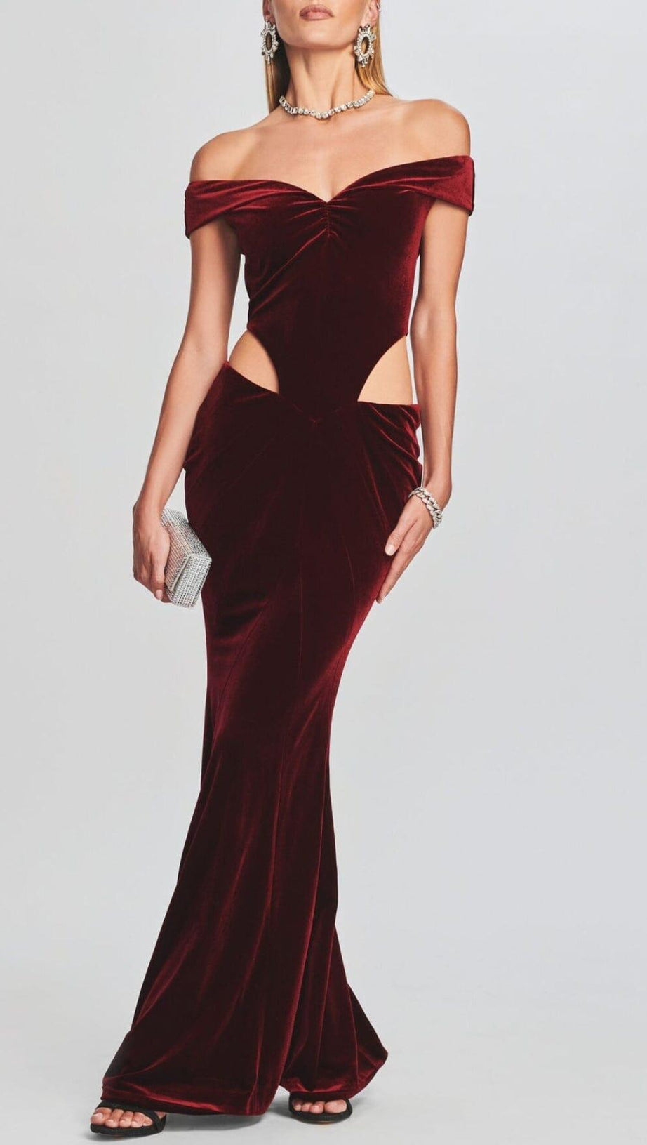 OFF SHOULDER WAIST HOLLOW VELVET MAXI DRESS IN BURGUNDY