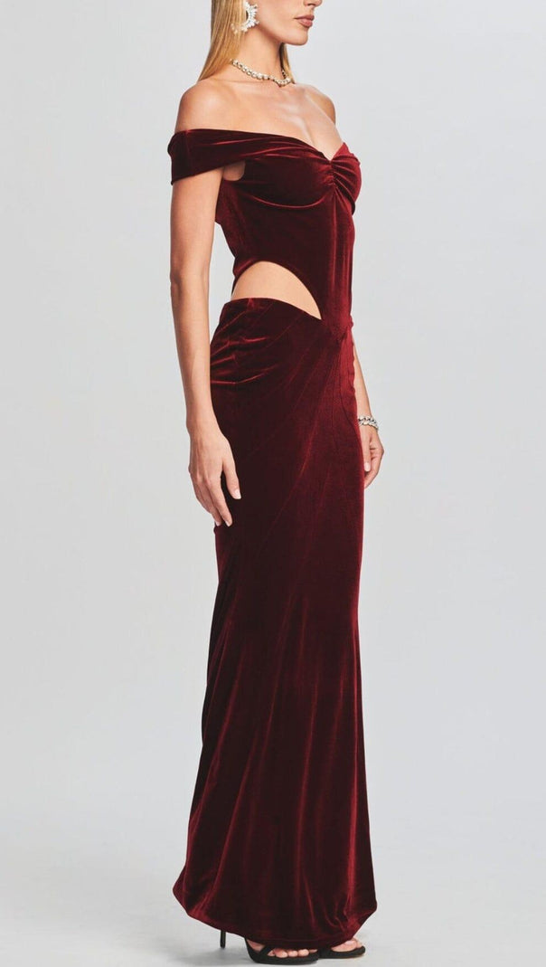 AIIZIE OFF SHOULDER WAIST HOLLOW VELVET MAXI DRESS IN BURGUNDY - product image