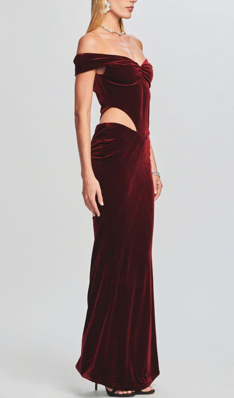 OFF SHOULDER WAIST HOLLOW VELVET MAXI DRESS IN BURGUNDY