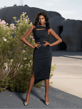 Hecate Flower Embellished Bandage Midi Dress In Black