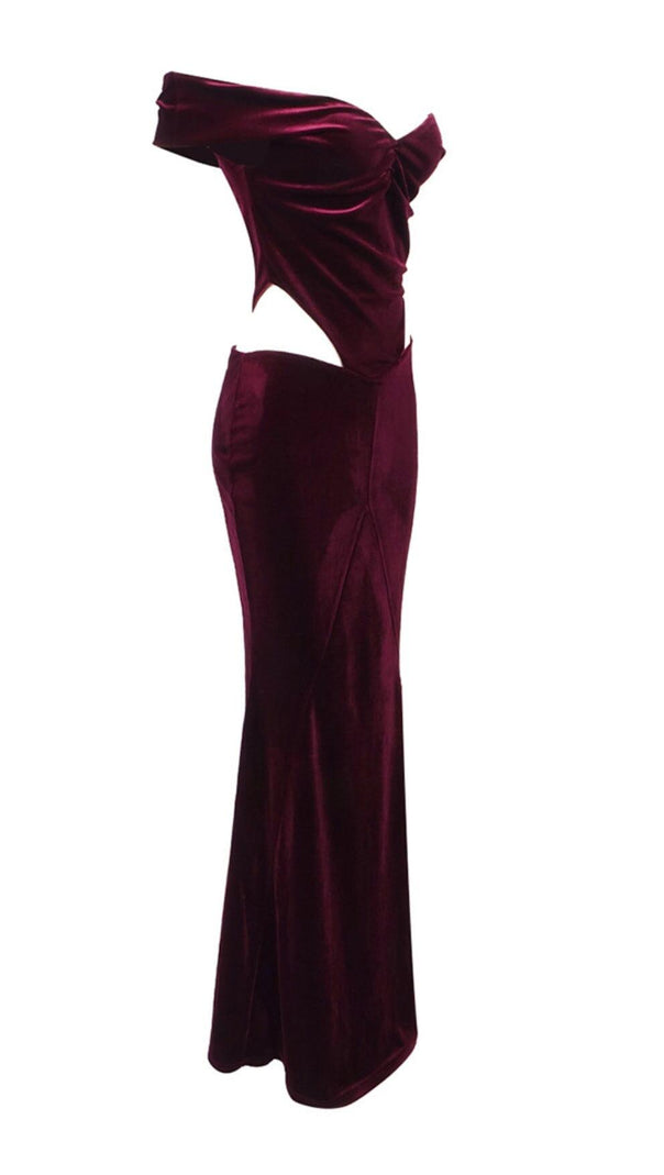 AIIZIE OFF SHOULDER WAIST HOLLOW VELVET MAXI DRESS IN BURGUNDY - product image