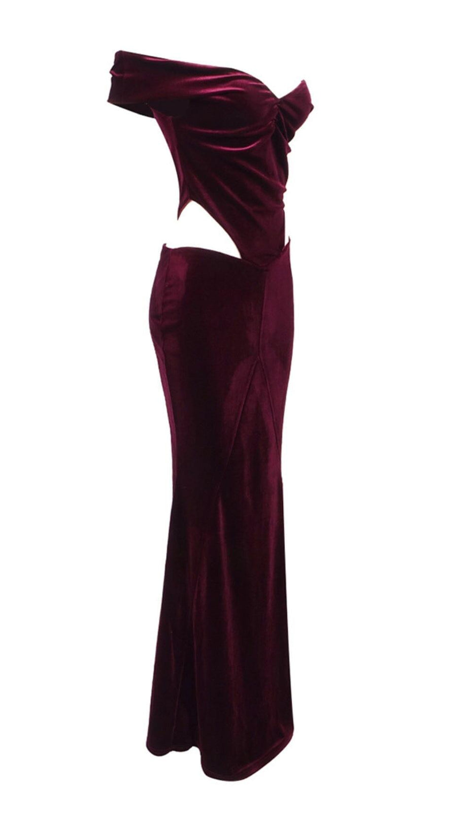 OFF SHOULDER WAIST HOLLOW VELVET MAXI DRESS IN BURGUNDY