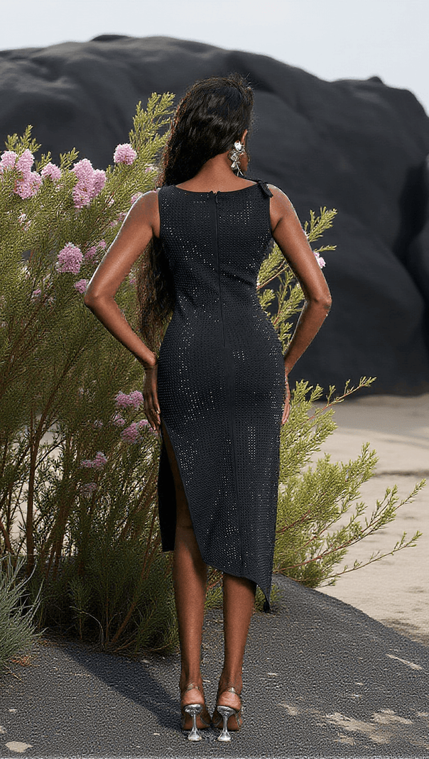 AIIZIE HECATE FLOWER EMBELLISHED BANDAGE MIDI DRESS IN BLACK - product image