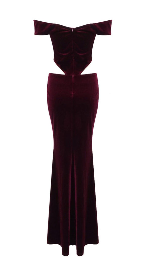 AIIZIE OFF SHOULDER WAIST HOLLOW VELVET MAXI DRESS IN BURGUNDY - product image