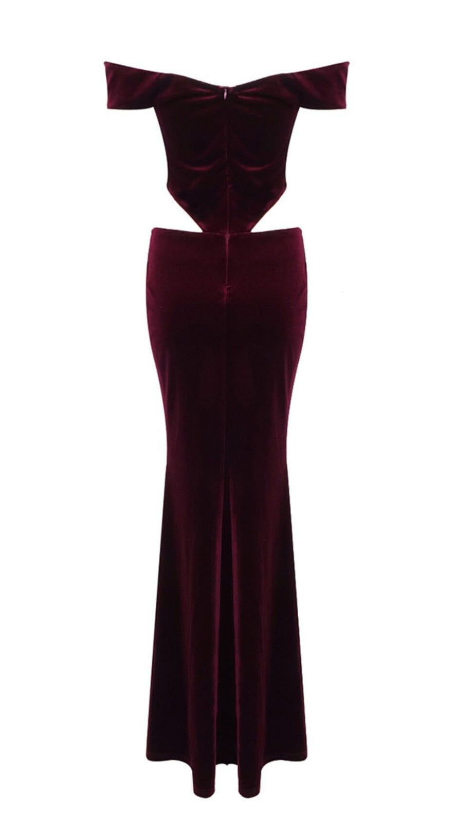 OFF SHOULDER WAIST HOLLOW VELVET MAXI DRESS IN BURGUNDY