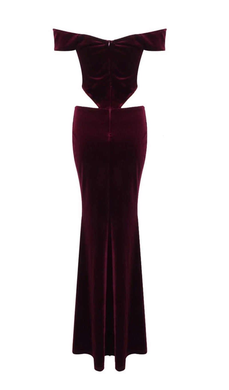 OFF SHOULDER WAIST HOLLOW VELVET MAXI DRESS IN BURGUNDY