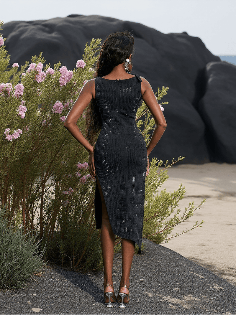 Hecate Flower Embellished Bandage Midi Dress In Black