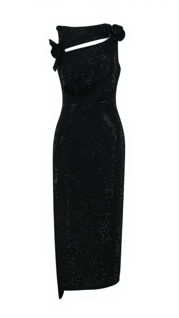 AIIZIE HECATE FLOWER EMBELLISHED BANDAGE MIDI DRESS IN BLACK - product image