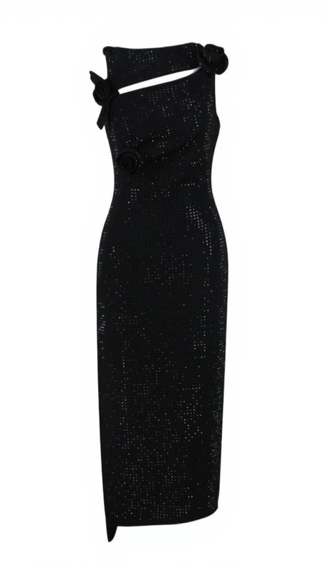 Hecate – Bandage-Midikleid mit Blumenverzierung in Schwarz