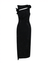 Hecate Flower Embellished Bandage Midi Dress In Black