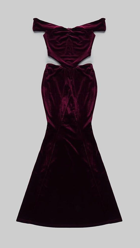 OFF SHOULDER WAIST HOLLOW VELVET MAXI DRESS IN BURGUNDY