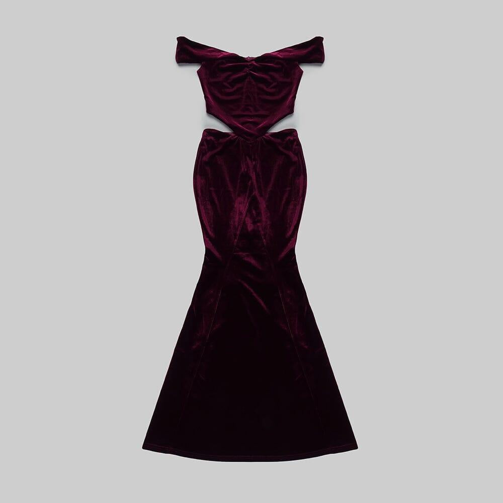 AIIZIE OFF SHOULDER WAIST HOLLOW VELVET MAXI DRESS IN BURGUNDY - product image