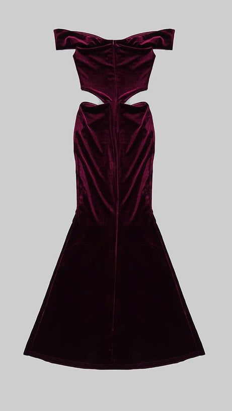 OFF SHOULDER WAIST HOLLOW VELVET MAXI DRESS IN BURGUNDY