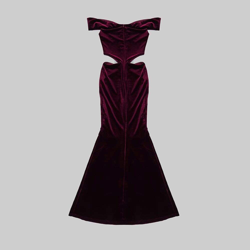 AIIZIE OFF SHOULDER WAIST HOLLOW VELVET MAXI DRESS IN BURGUNDY - product image
