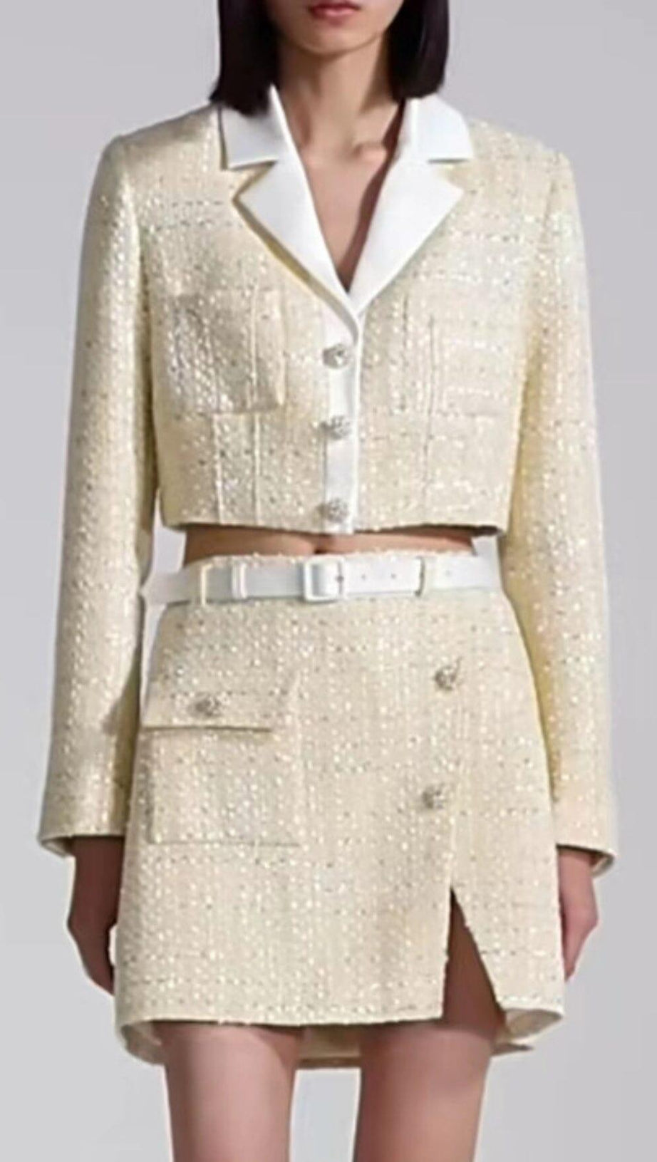 YELLOW COLOR LIGHT THIN TWEED SHORT COAT & SKIRT