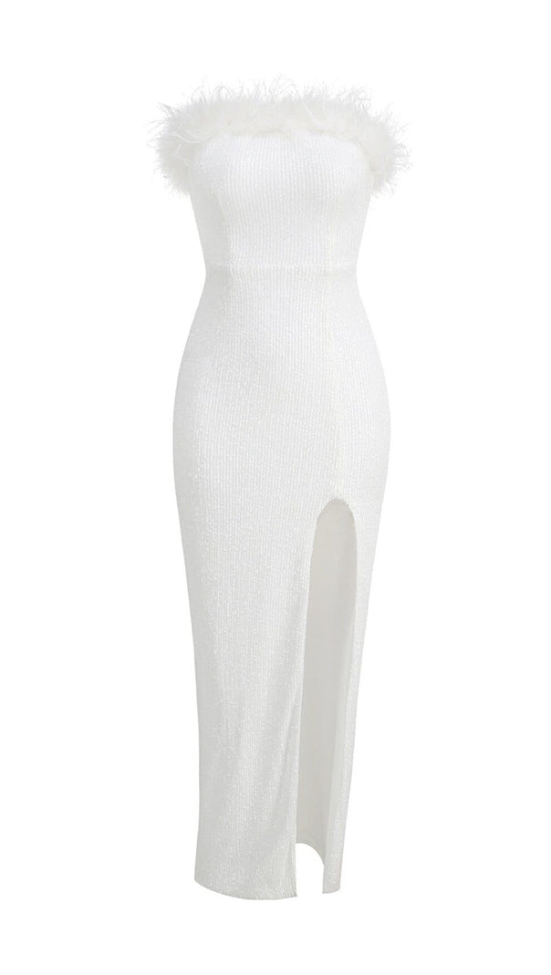AIIZIE OSTRICH HAIR DECORATIVE BANDEAU MAXIC DRESS IN WHITE - product image