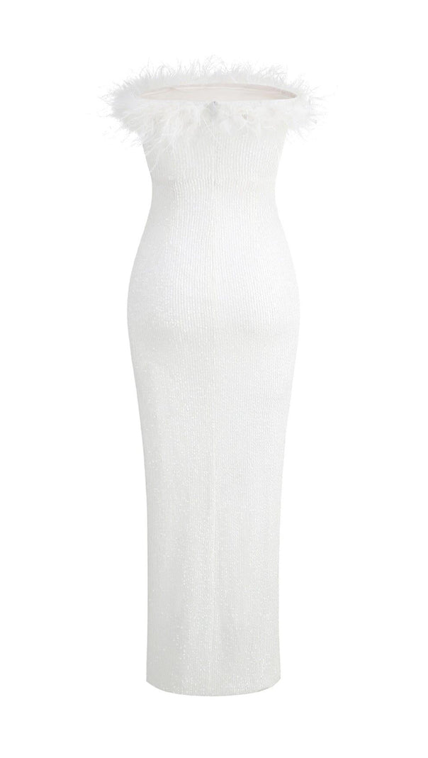 AIIZIE OSTRICH HAIR DECORATIVE BANDEAU MAXIC DRESS IN WHITE - product image