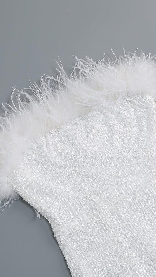 AIIZIE OSTRICH HAIR DECORATIVE BANDEAU MAXIC DRESS IN WHITE - product image