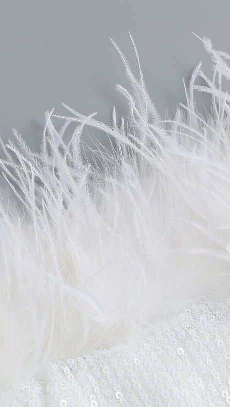 OSTRICH HAIR DECORATIVE BANDEAU MAXIC DRESS IN WHITE