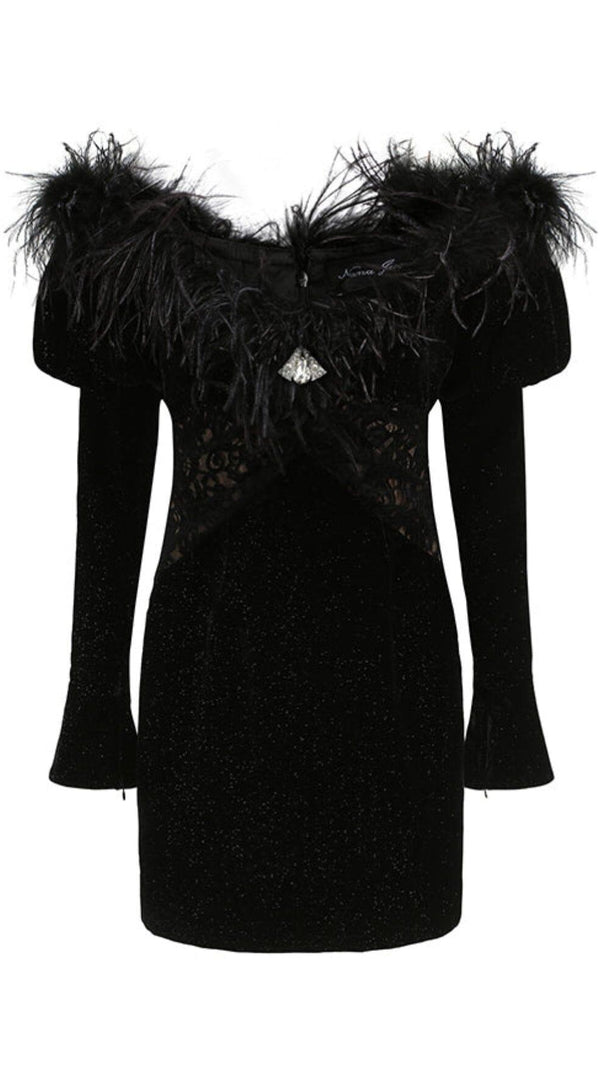 AIIZIE OFF SHOULDER OSTRICH FUR DECORATIVE SLIM-FIT MINI DRESS IN BLACK - product image