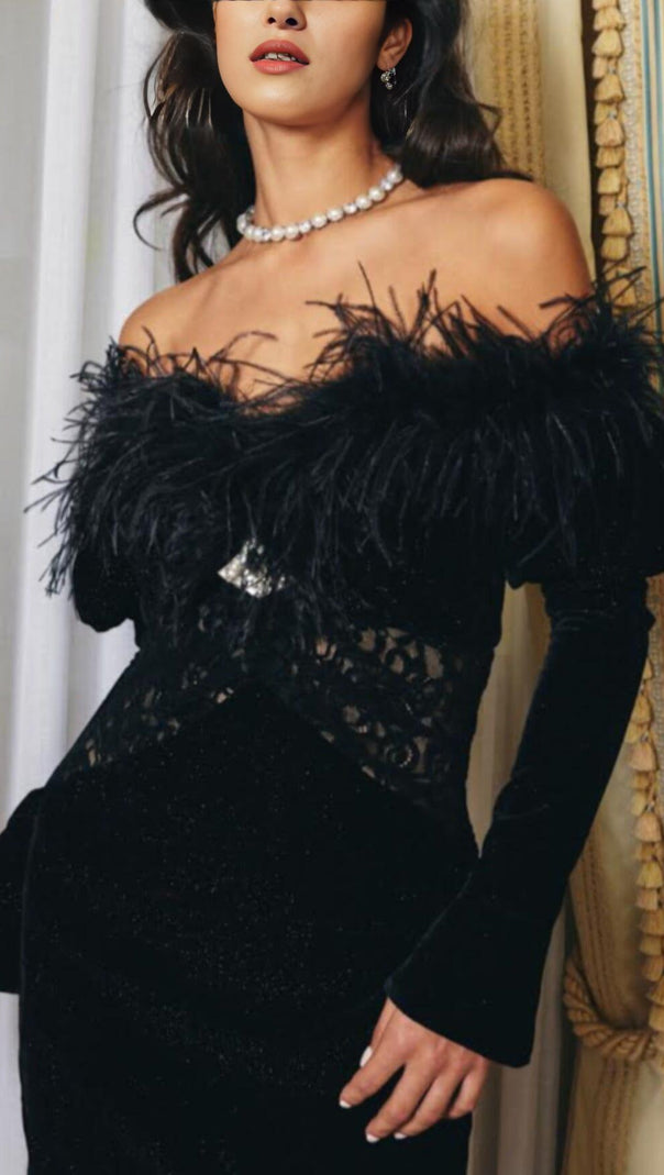 AIIZIE OFF SHOULDER OSTRICH FUR DECORATIVE SLIM-FIT MINI DRESS IN BLACK - product image