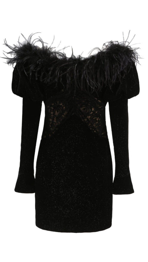 AIIZIE OFF SHOULDER OSTRICH FUR DECORATIVE SLIM-FIT MINI DRESS IN BLACK - product image
