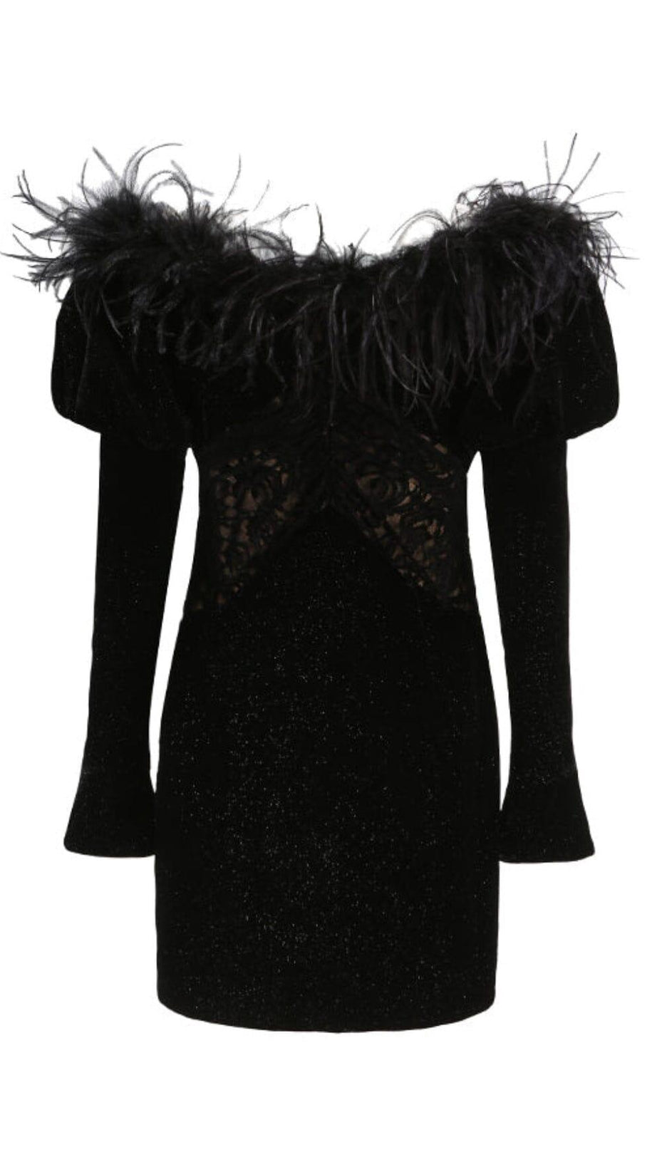 OFF SHOULDER OSTRICH FUR DECORATIVE SLIM-FIT MINI DRESS IN BLACK
