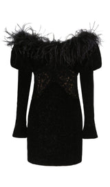 OFF SHOULDER OSTRICH FUR DECORATIVE SLIM-FIT MINI DRESS IN BLACK