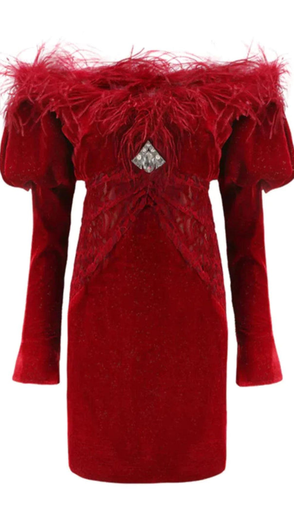 AIIZIE OFF SHOULDER OSTRICH FUR DECORATIVE SLIM-FIT MINI DRESS IN RED - product image