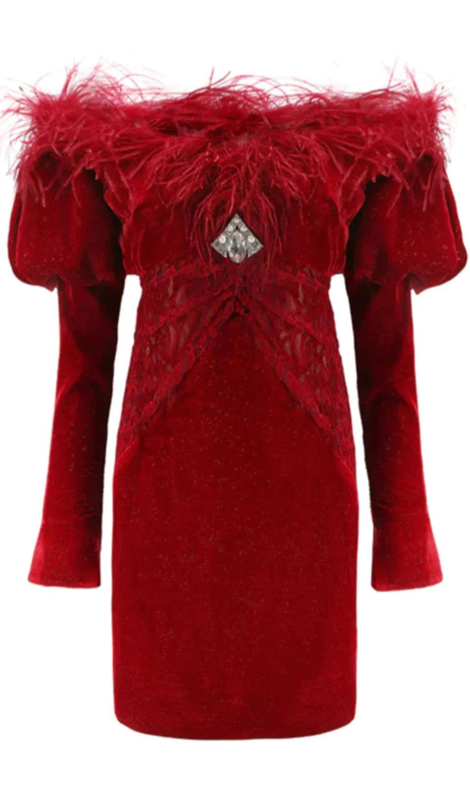 MINI ABITO SLIM FIT DECORATIVO IN PELLICCIA DI STRUZZO CON SPALLE SCOPERTE, ROSSO
