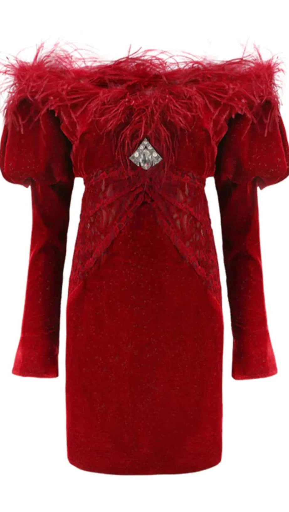 OFF SHOULDER OSTRICH FUR DECORATIVE SLIM-FIT MINI DRESS IN RED