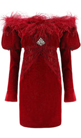 OFF SHOULDER OSTRICH FUR DECORATIVE SLIM-FIT MINI DRESS IN RED