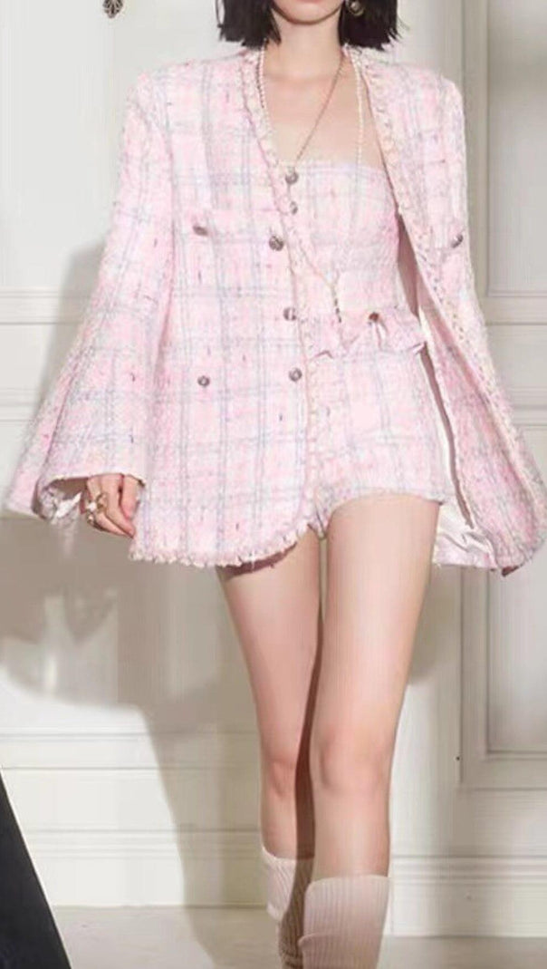 AIIZIE PINK WOVEN JACKET AND SUSPENDER SHORTS THREE-PIECE SET - product image
