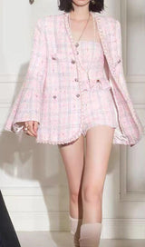 PINK WOVEN JACKET AND SUSPENDER SHORTS THREE-PIECE SET