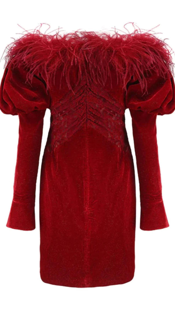 AIIZIE OFF SHOULDER OSTRICH FUR DECORATIVE SLIM-FIT MINI DRESS IN RED - product image