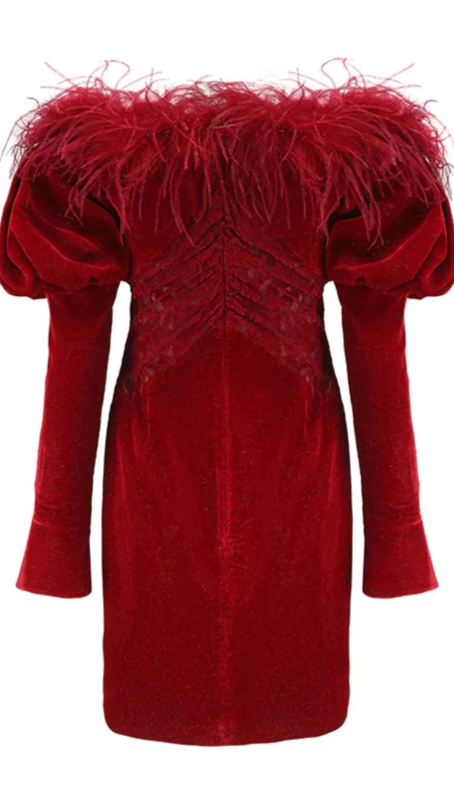 OFF SHOULDER OSTRICH FUR DECORATIVE SLIM-FIT MINI DRESS IN RED