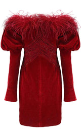 OFF SHOULDER OSTRICH FUR DECORATIVE SLIM-FIT MINI DRESS IN RED