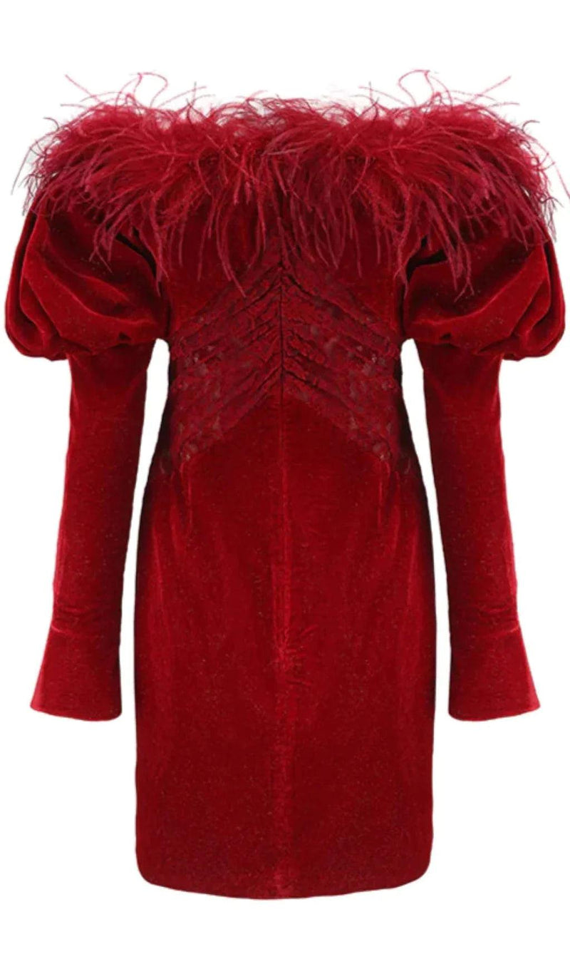 OFF SHOULDER OSTRICH FUR DECORATIVE SLIM-FIT MINI DRESS IN RED