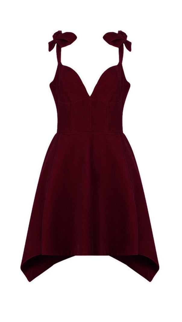 AIIZIE BOW SHOULDER STRAP VELVET SUSPENDER DRESS IN BURGUNDY - product image