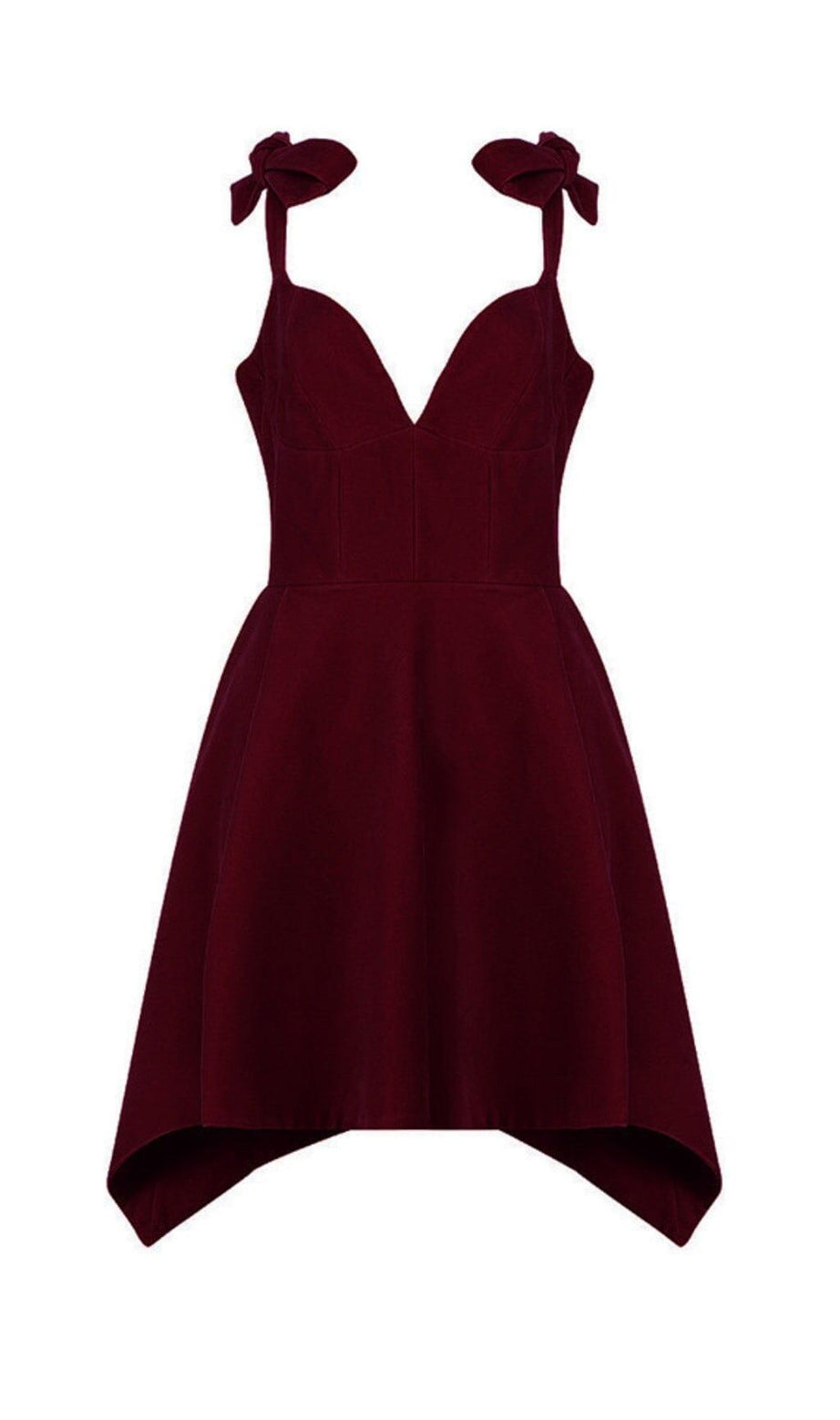 ABITO IN VELLUTO CON BRETELLE E SPALLINE CON FIOCCO, COLOR BORDEAUX