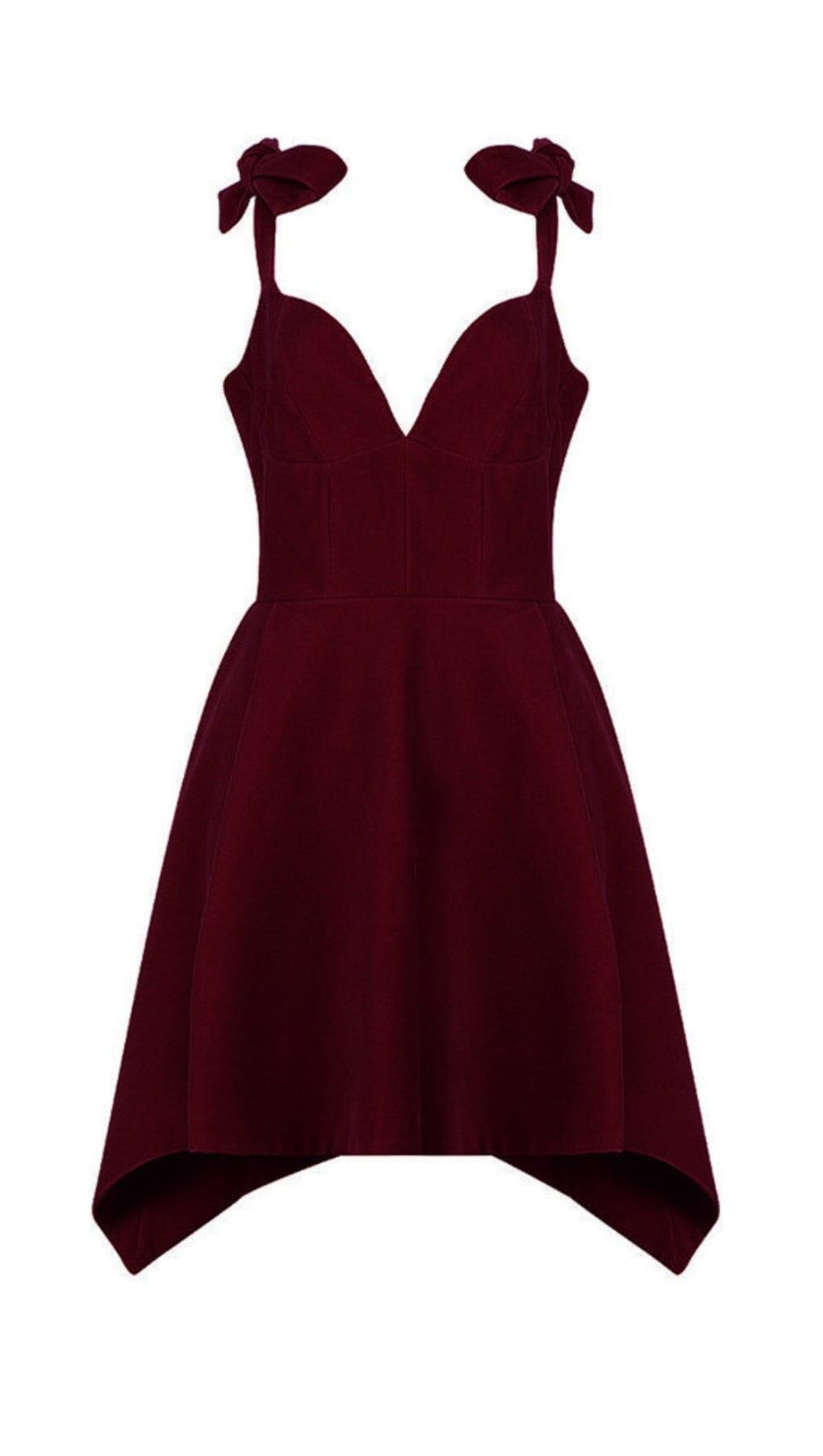 BOW SHOULDER STRAP VELVET SUSPENDER DRESS IN BURGUNDY