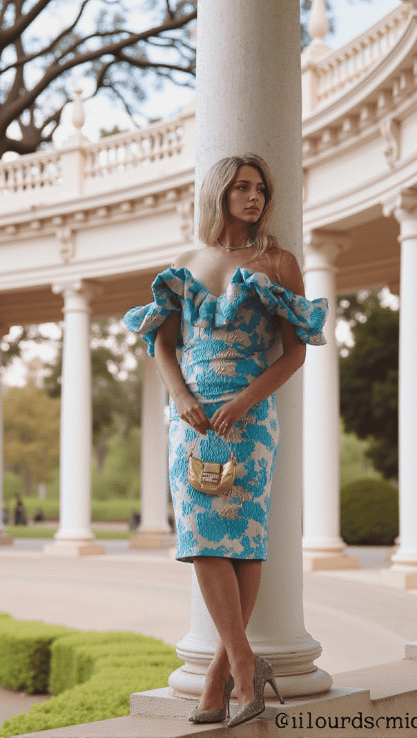 AIIZIE GISELLE JACQUARD OFF SHOULDER MIDI DRESS IN BLUE - product image